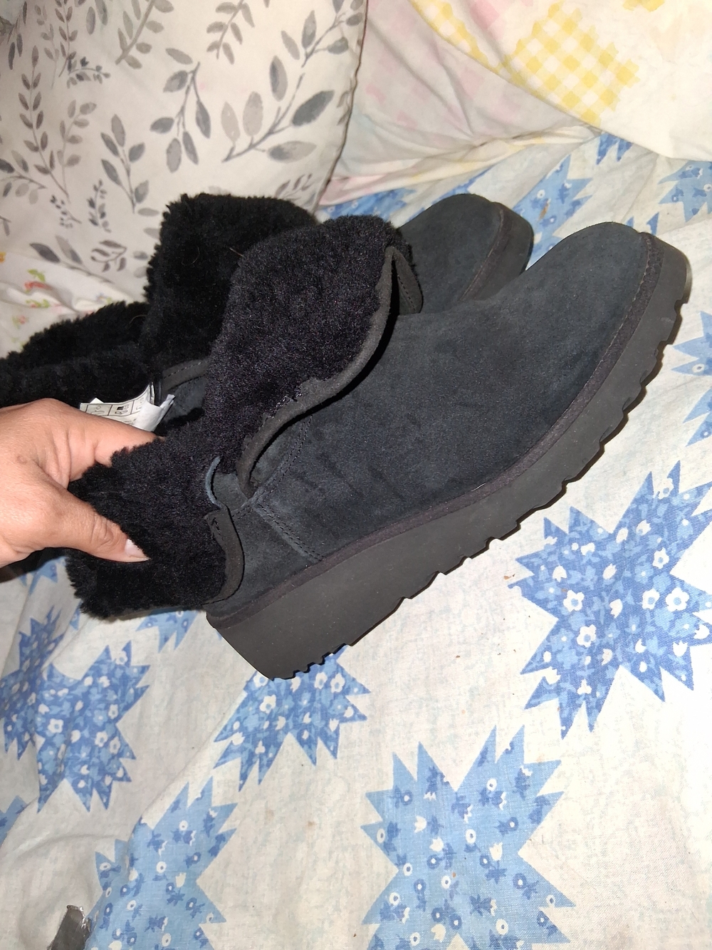 UGG Black Suede Shearling Fold-Over Ankle Booties